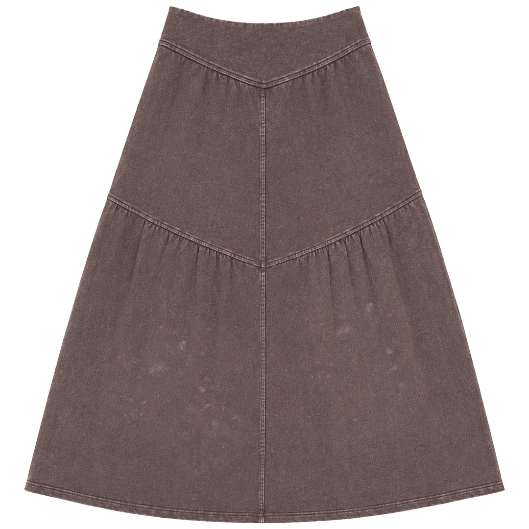 D941 TIERED WASHED SKIRT-BROWN