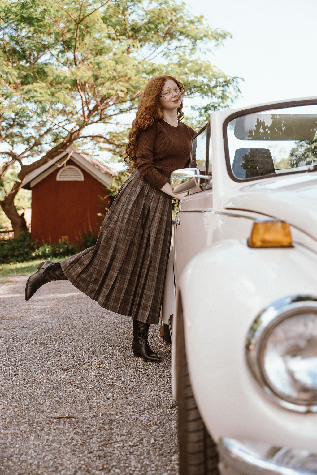 D980 PLAID PLEATED SKIRT-BROWN
