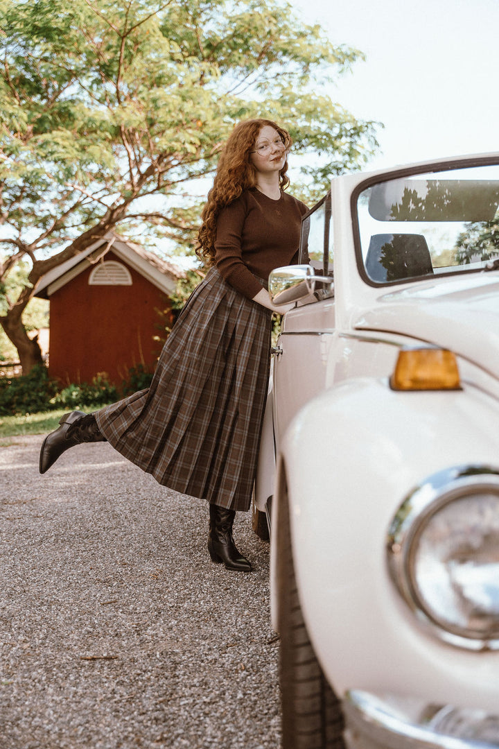 D980 PLAID PLEATED SKIRT-BROWN