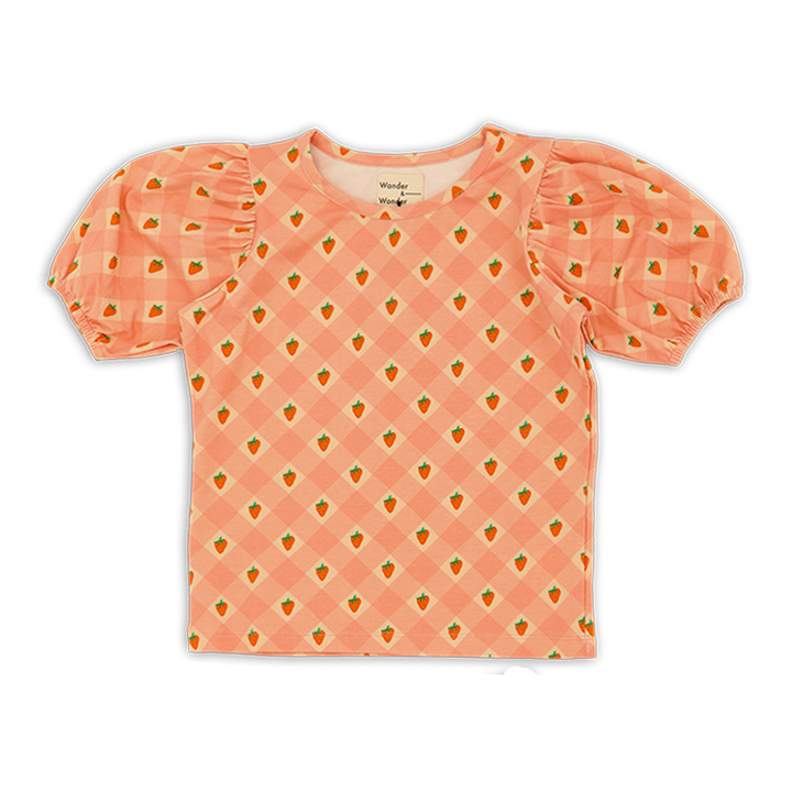 E26134 PUFF SLEEVES TOP - PINK STRABERRY CHECK