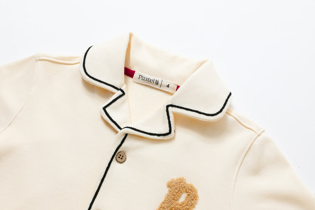 BUTTON DOWN PAJAMA WITH SHERPA "P"-STONE
