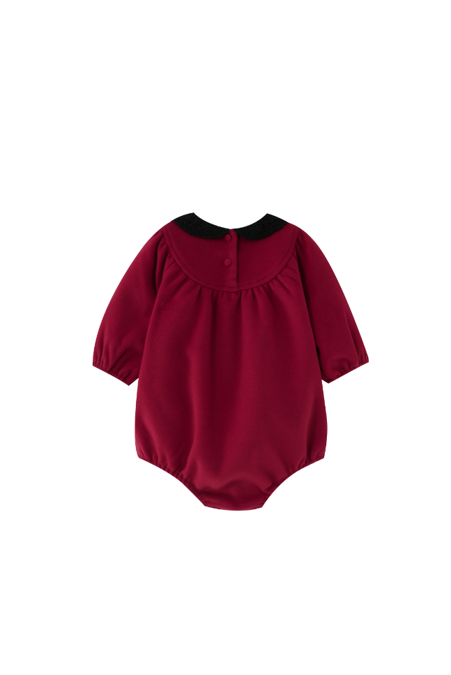ROUND YOKE WOOL ROMPER WITH CROCHET COLLAR-RED