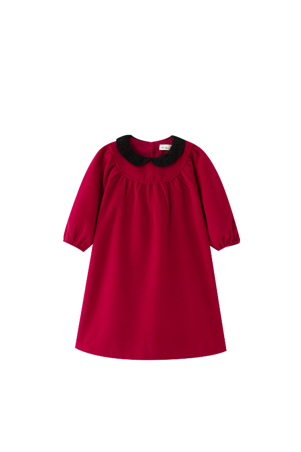 ROUND YOKE WOOL DRESS WITH CROCHET COLLAR-RED