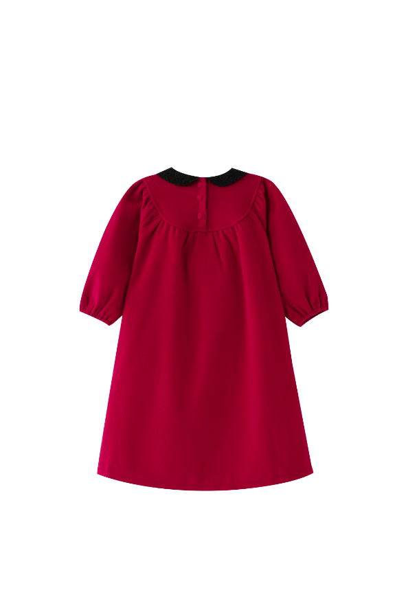 ROUND YOKE WOOL DRESS WITH CROCHET COLLAR-RED