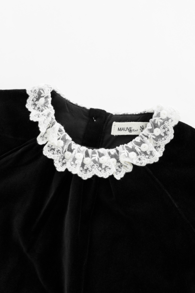 LACE COLLAR VELVET DRESS-BLACK