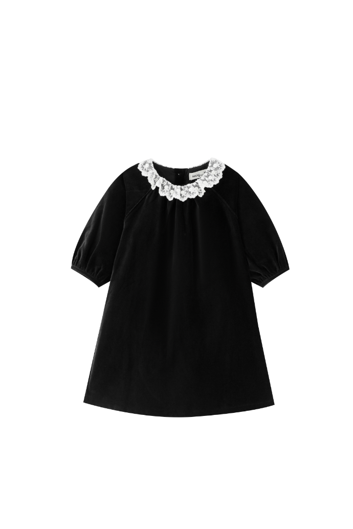 LACE COLLAR VELVET DRESS-BLACK