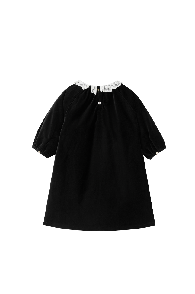 LACE COLLAR VELVET DRESS-BLACK