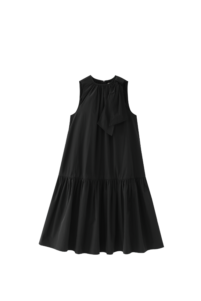 TAFFETA MIDI JUMPER WITH SHOULDER TIE-BLACK