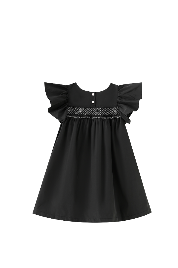 SMOCKED FLUTTER SLEEVE TAFFETA JUMPER-BLACK
