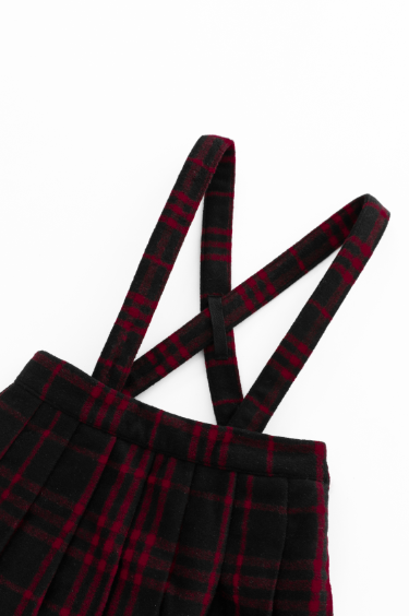 RED PLAID PLEATED SUSPENDER SKIRT-RED PLAID