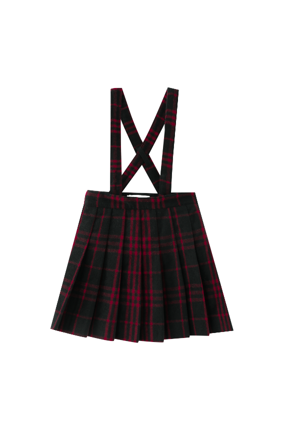 RED PLAID PLEATED SUSPENDER SKIRT-RED PLAID