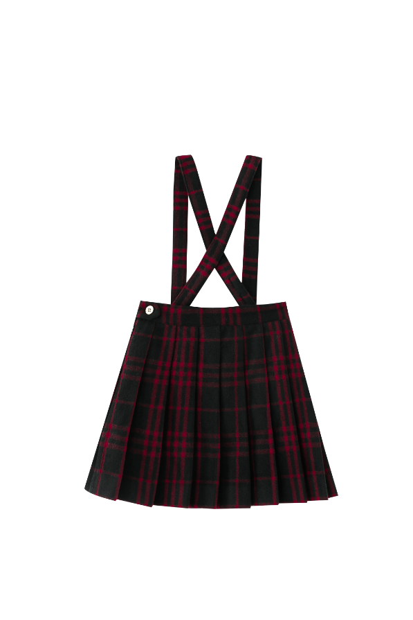 RED PLAID PLEATED SUSPENDER SKIRT-RED PLAID
