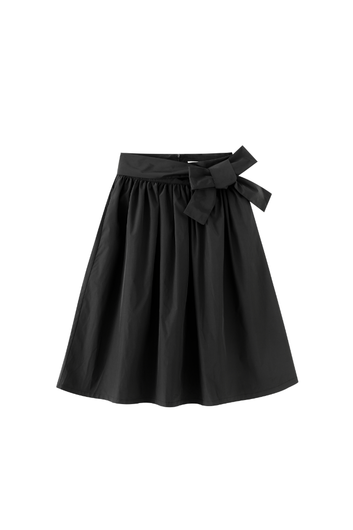 MIDI TAFFETA SKIRT WITH SIDE BOW-BLACK