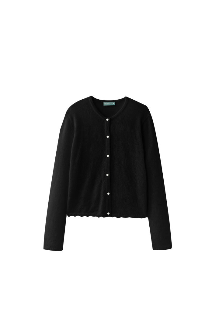 KNIT CARDIGAN WITH SCALLOPED EDGE-BLACK