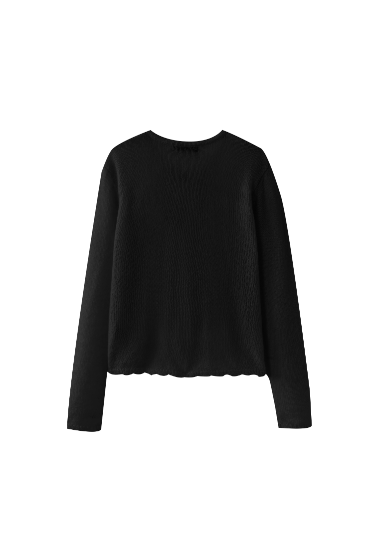 KNIT CARDIGAN WITH SCALLOPED EDGE-BLACK