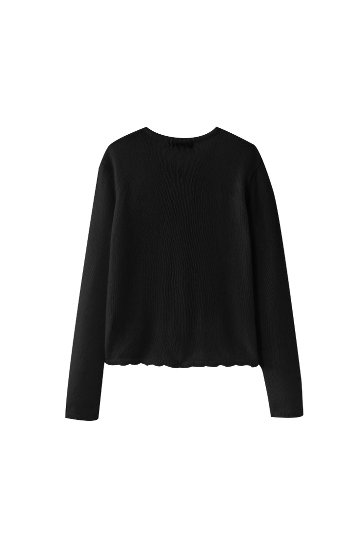 KNIT CARDIGAN WITH SCALLOPED EDGE-BLACK