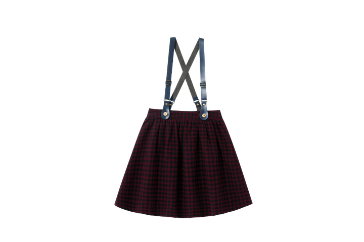 LEATHER SUSPENDER CHECKERED SKIRT-BURGUNDY CHECKERED