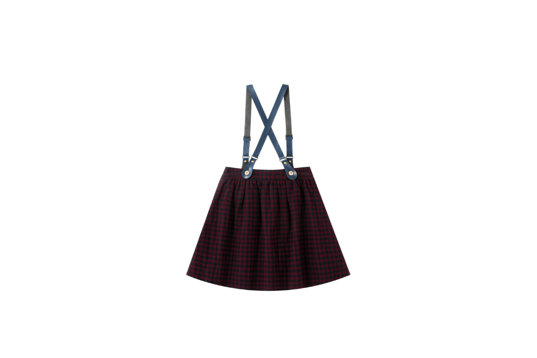 LEATHER SUSPENDER CHECKERED SKIRT-BURGUNDY CHECKERED