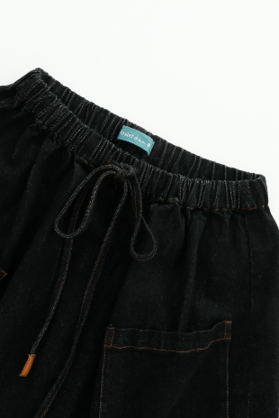 MIDI CIRCLE SKIRT WITH POCKETS AND TIE-BLACK DENIM