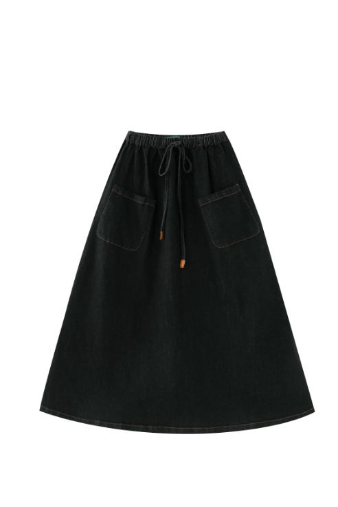 MIDI CIRCLE SKIRT WITH POCKETS AND TIE-BLACK DENIM