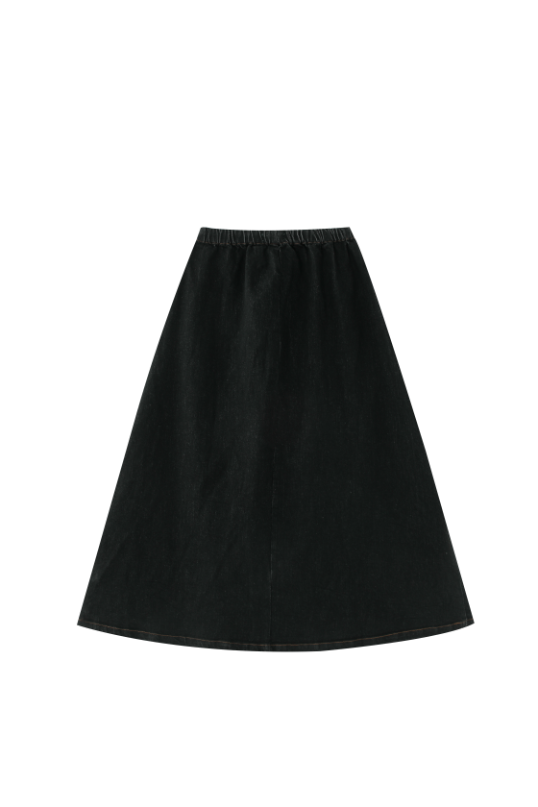 MIDI CIRCLE SKIRT WITH POCKETS AND TIE-BLACK DENIM