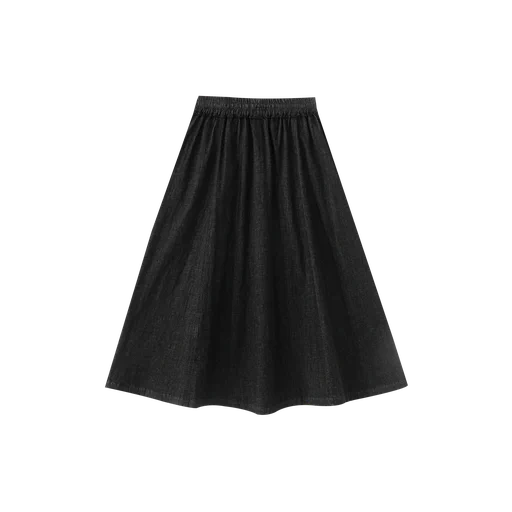 SMOCKED WAIST MIDI SKIRT-BLACK DENIM