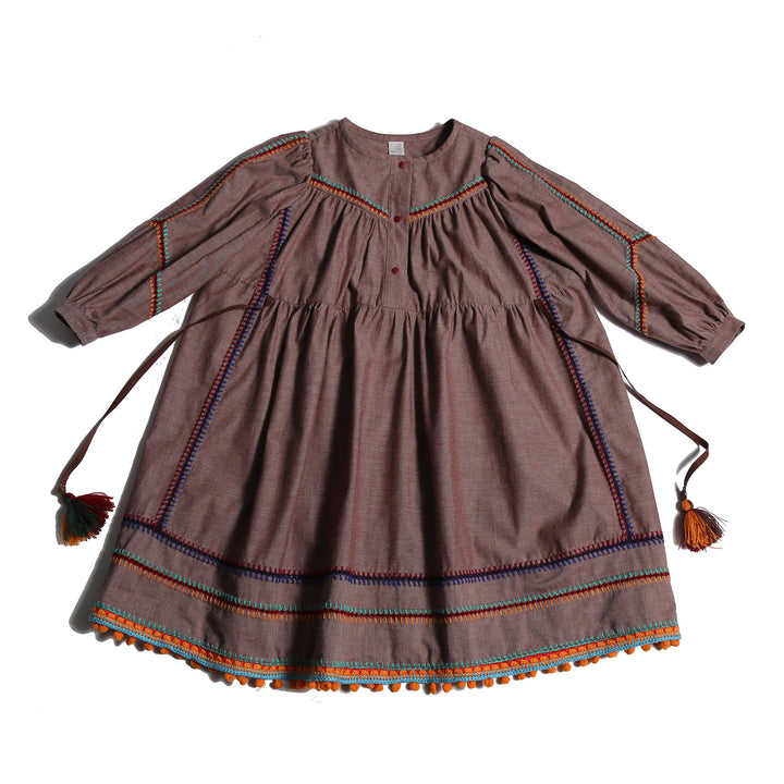 DR327S-MAYA EMBROIDERED PEASANT FROCK-RAISIN