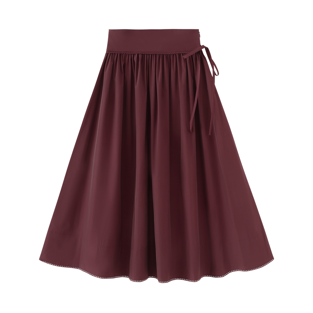 TAFFETA GATHERED SKIRT WITH BOW-BURGUNDY