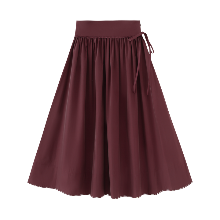 TAFFETA GATHERED SKIRT WITH BOW-BURGUNDY