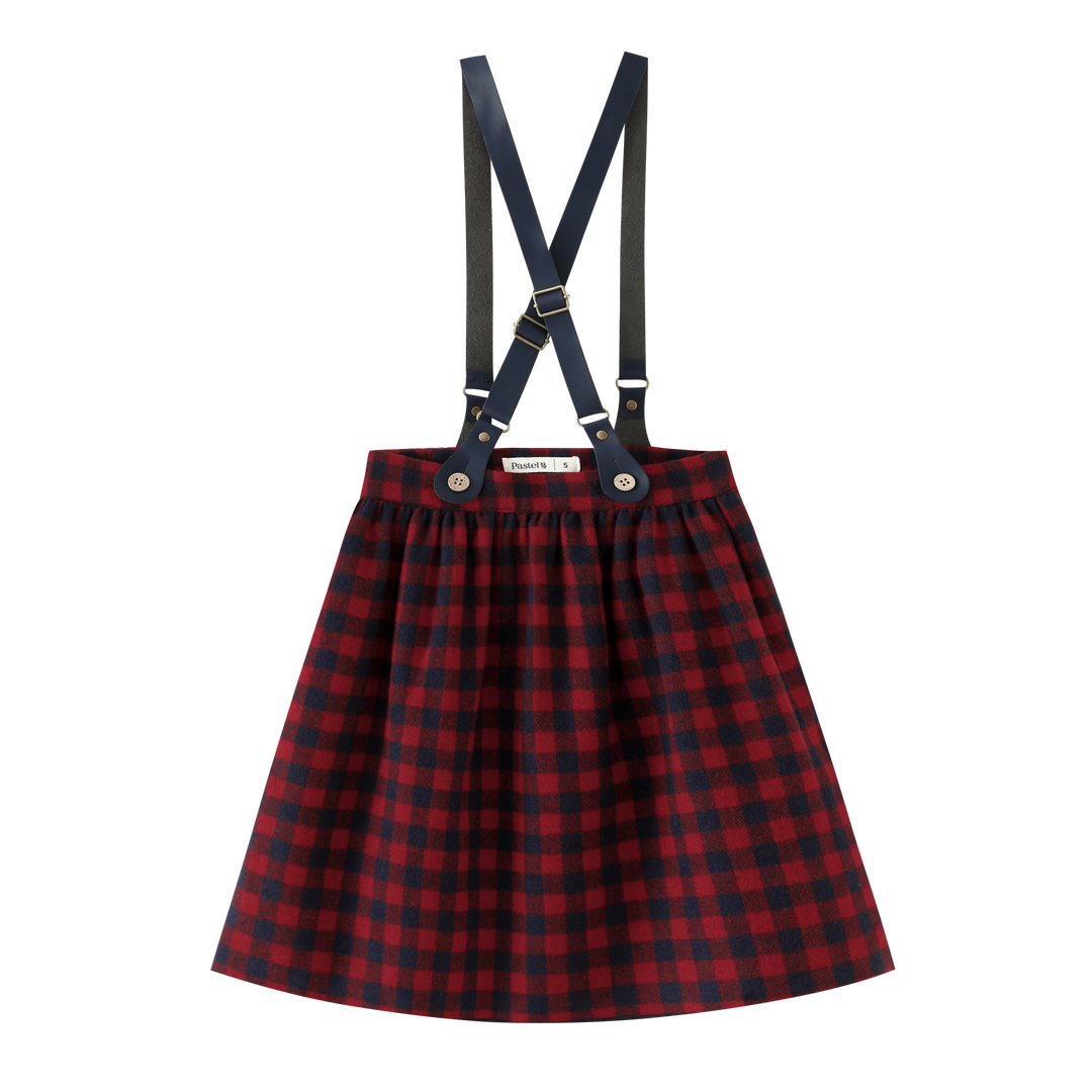 PLAID SUSPENDER SKIRT-BURGUNDY PLAID