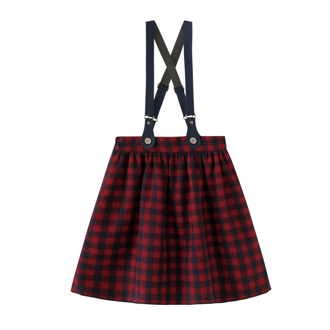 PLAID SUSPENDER SKIRT-BURGUNDY PLAID