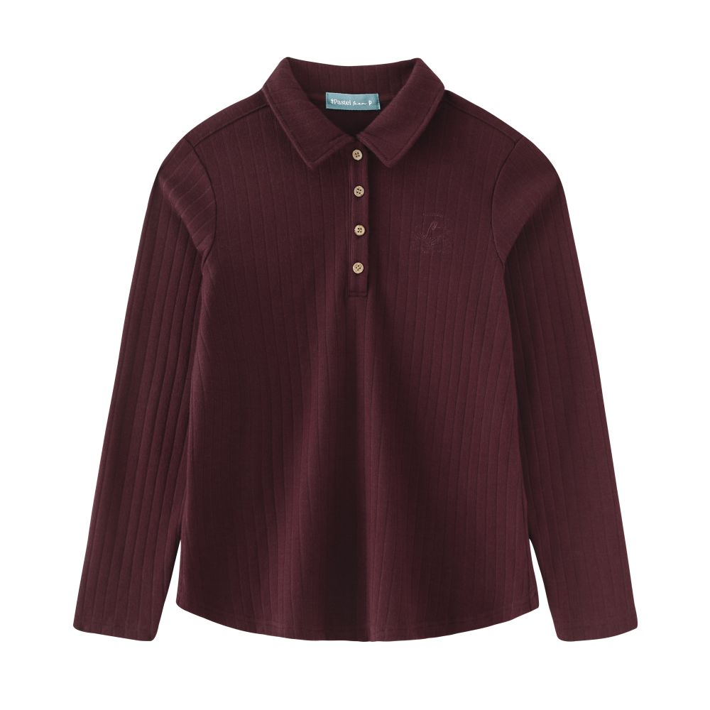 RIBBED BUTTON-COLLAR TSHIRT-BURGUNDY