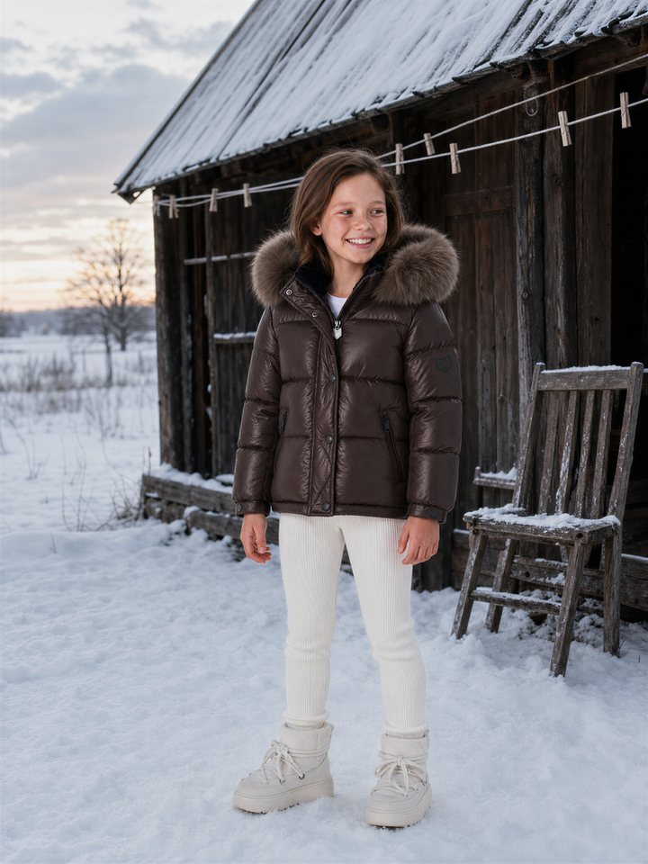 G15 Mocha Fur Trimmed Hooded Girls Down Coat with Zip Pockets - TAN