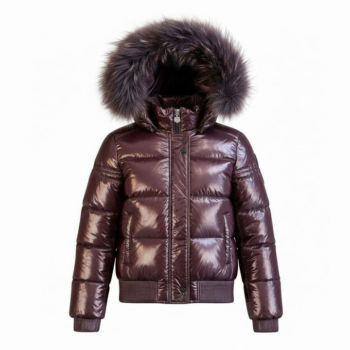 G23 Burgundy Glossy Fur Trimmed Hooded Girls Down Bomber Coat - BURGUNDY