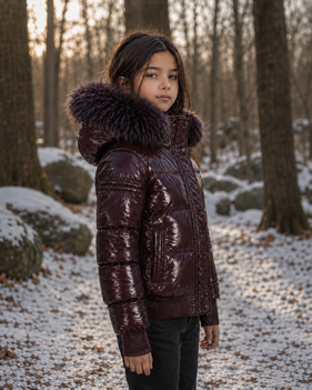 G23 Burgundy Glossy Fur Trimmed Hooded Girls Down Bomber Coat - BURGUNDY