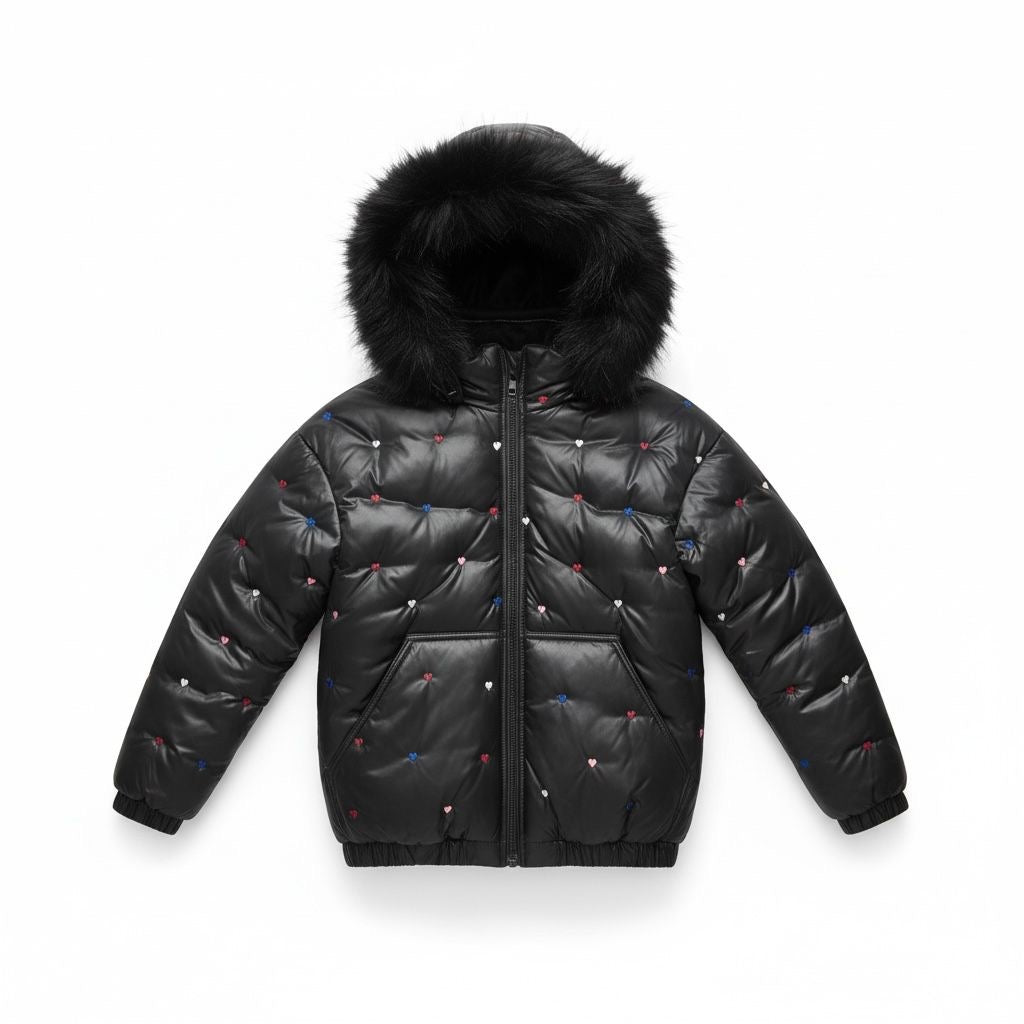 G26 Black Heart Quilted Fur Hood Down Coat - BLACK HEART EMBROIDERED
