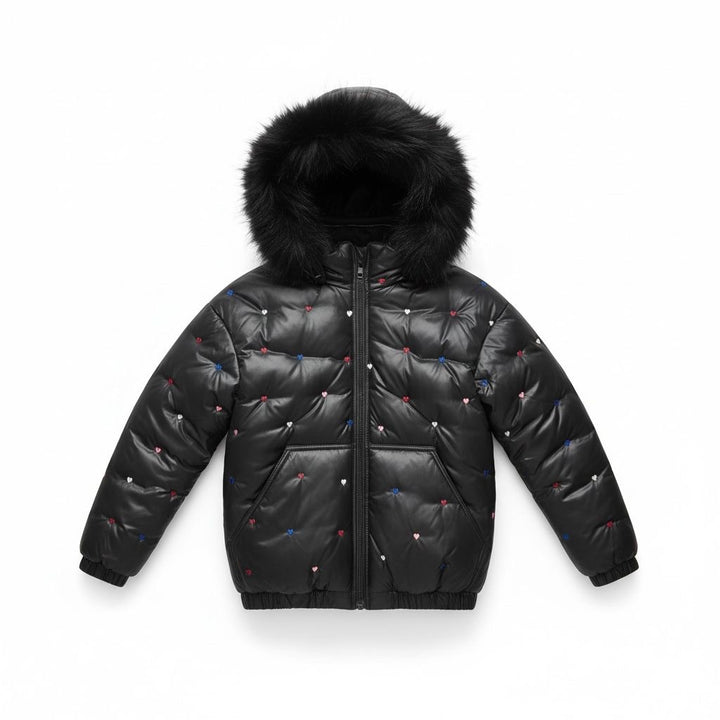 G26 Black Heart Quilted Fur Hood Down Coat - BLACK HEART EMBROIDERED