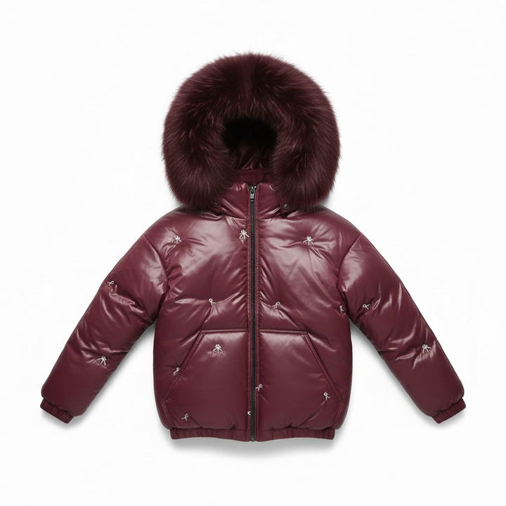 G27 Burgundy Bow Embroidered Fur Hood Down Coat - BURGUNDY EMBROIDERED