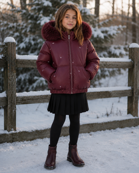 G27 Burgundy Bow Embroidered Fur Hood Down Coat - BURGUNDY EMBROIDERED