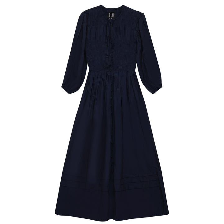 G708-SMOCKED BUTTON DOWN DRESS-NAVY