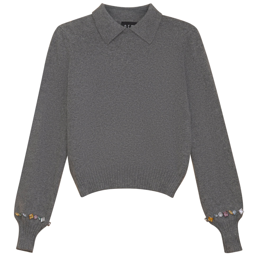 G720-CRYSTAL EMBELLISHED COLLAR SWEATER-GREY