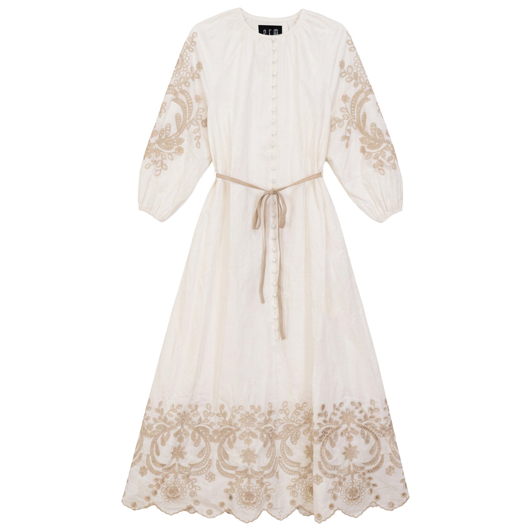 G804 EYELET DETAIL BUTTON DOWN DRESS-CREAM T6