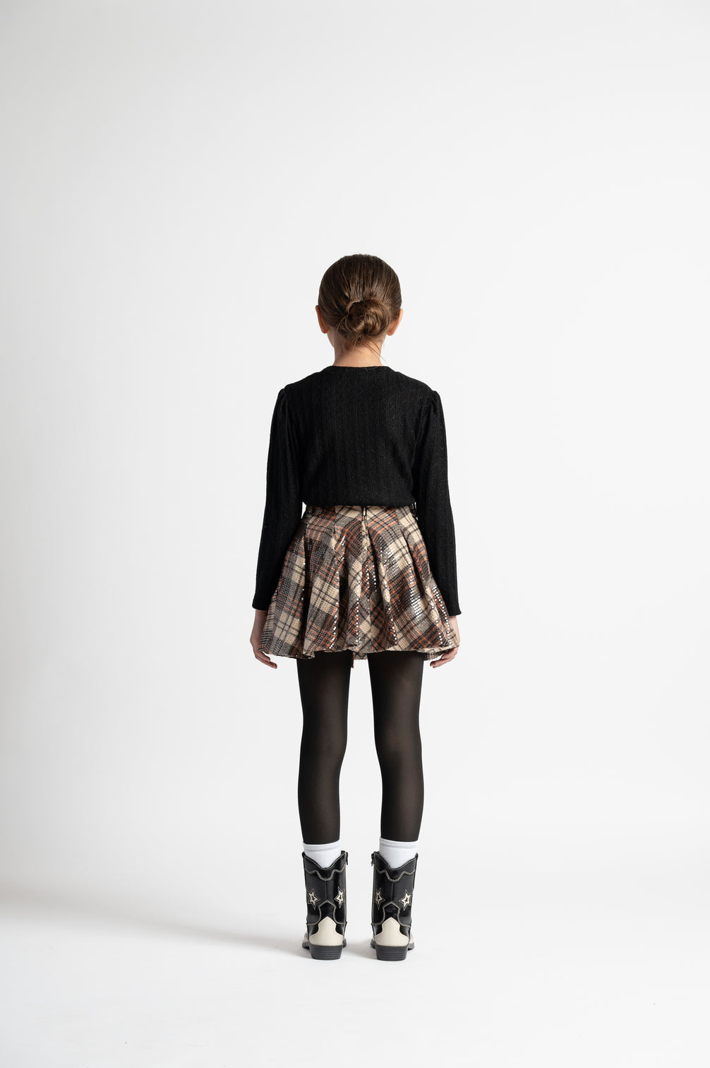 25WAGGON00010-GIACINTO-SEQUINS TARTAN PLEATED SKIRT-BROWN LONG LENGTH