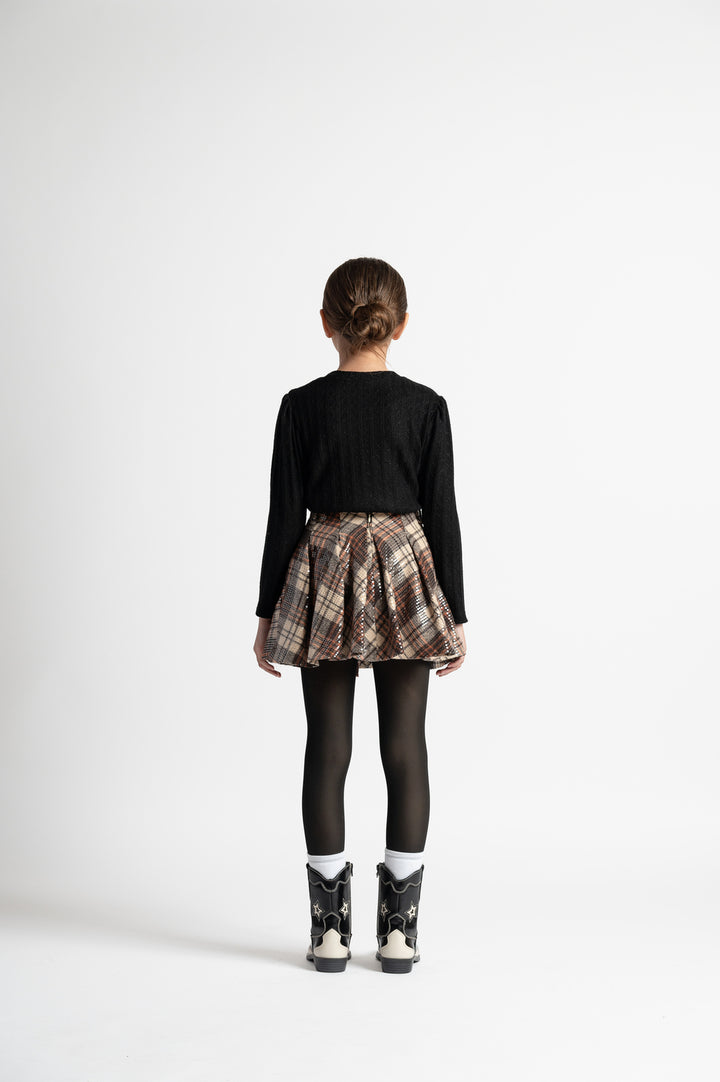 25WAGGON00010-GIACINTO-SEQUINS TARTAN PLEATED SKIRT-BROWN LONG LENGTH