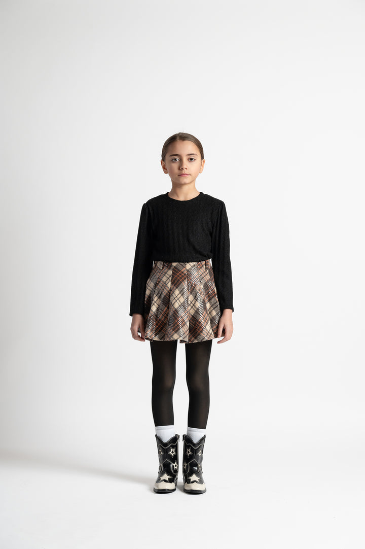 25WAGGON00010-GIACINTO-SEQUINS TARTAN PLEATED SKIRT-BROWN LONG LENGTH