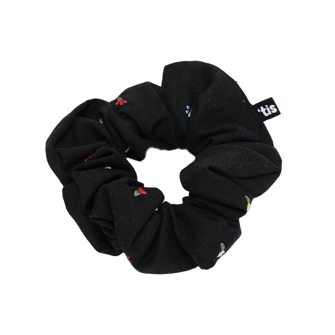 24S-LINEN COLORED EMBROIDERY SCRUNCHIE-Black