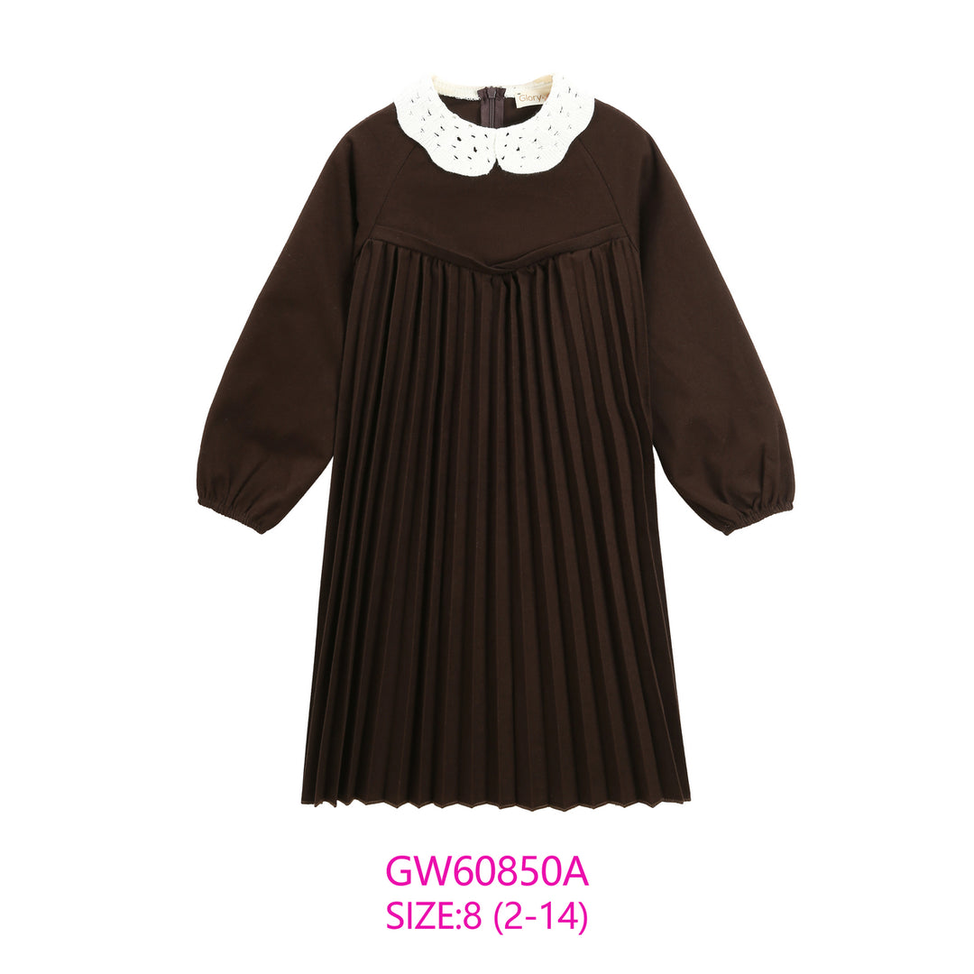 GW60850A-BROWN PLEATED DRESS