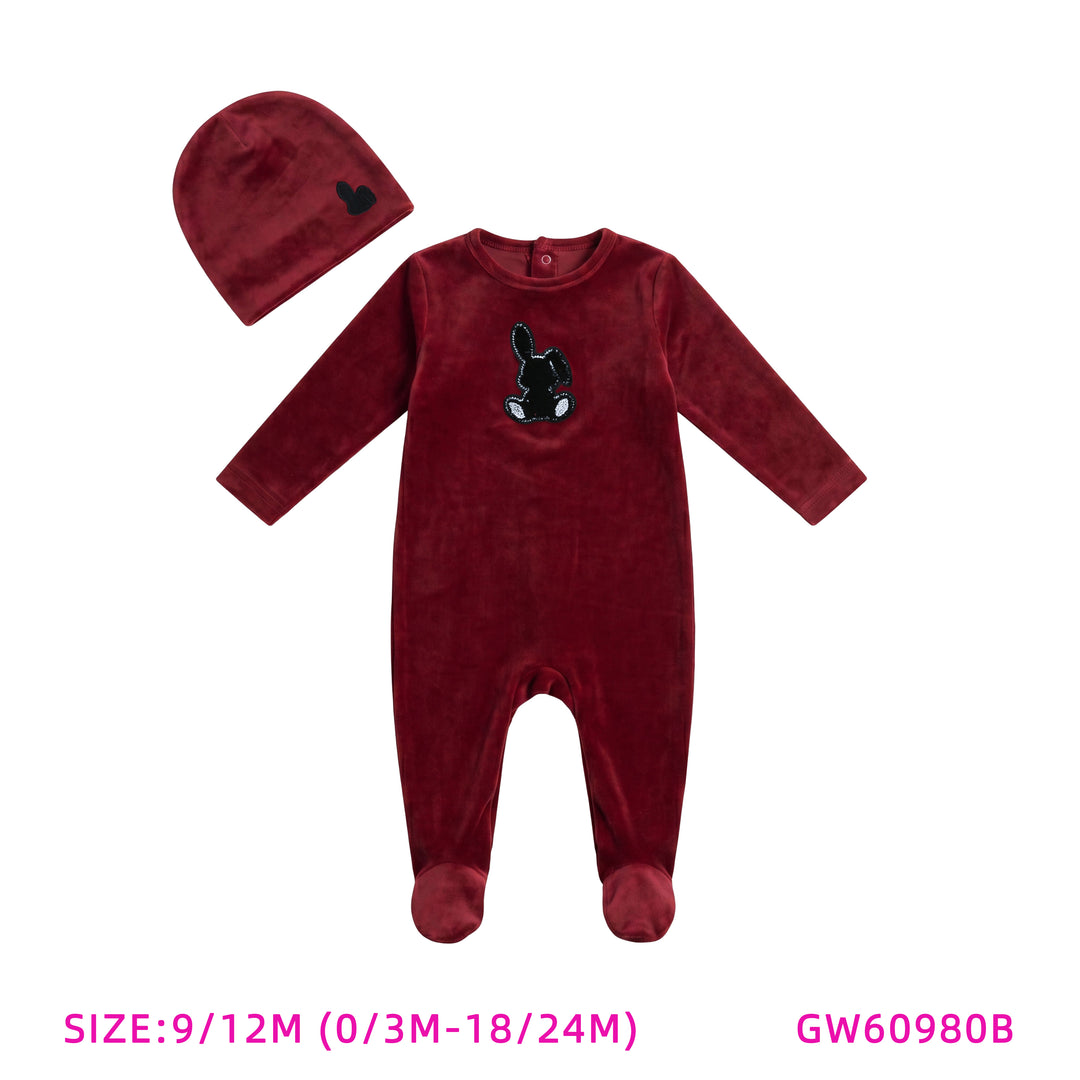 GW60980B-BURGUNDY BUNNY ONSIE AND HAT SET