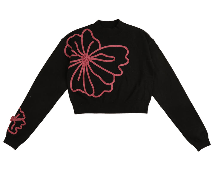 HKN842-CABLE EMBOIDERED FLOWER KNIT-BLACK