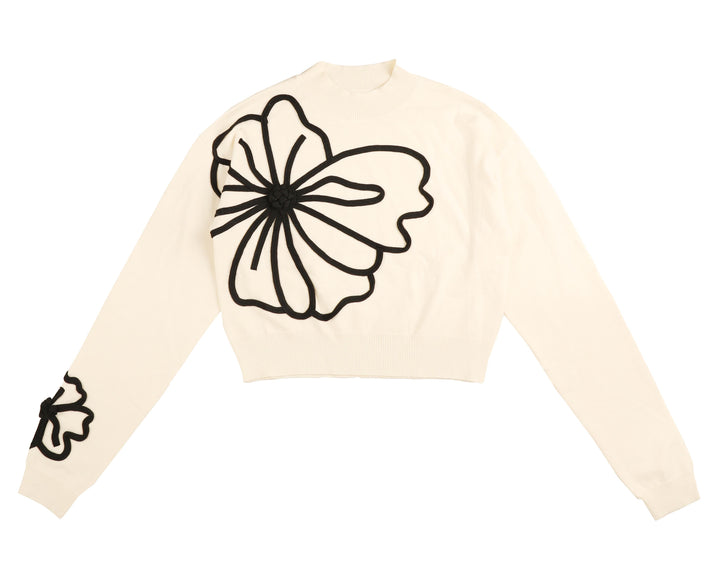 HKN842-CABLE EMBOIDERED FLOWER KNIT-IVORY